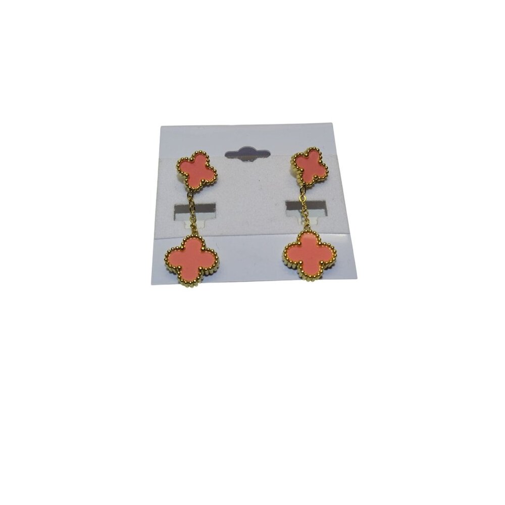 Gold & Pink Flower Drop Earrings With Stud Backings